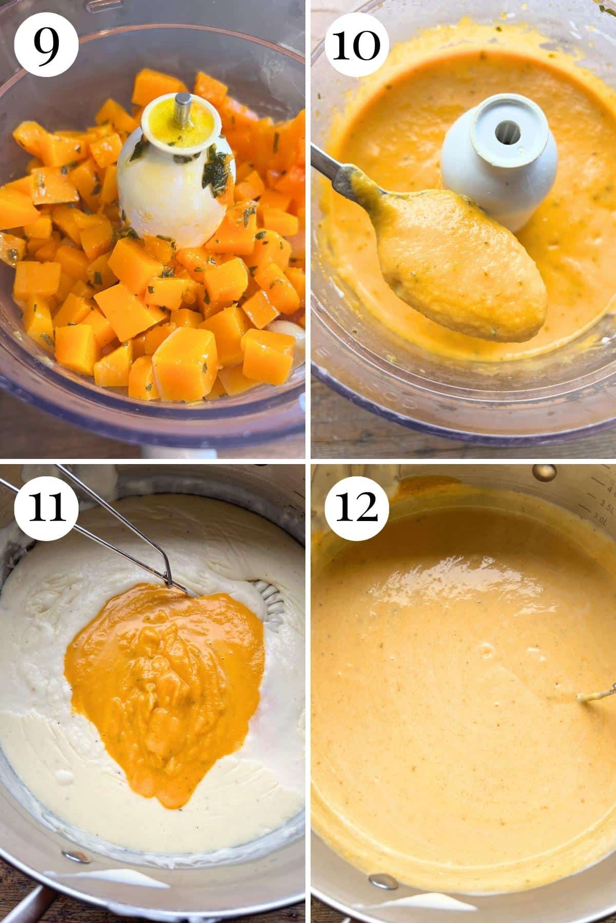 Four photos in a collage showing how to blitz butternut squash into a puree and mix it with bechamel sauce.