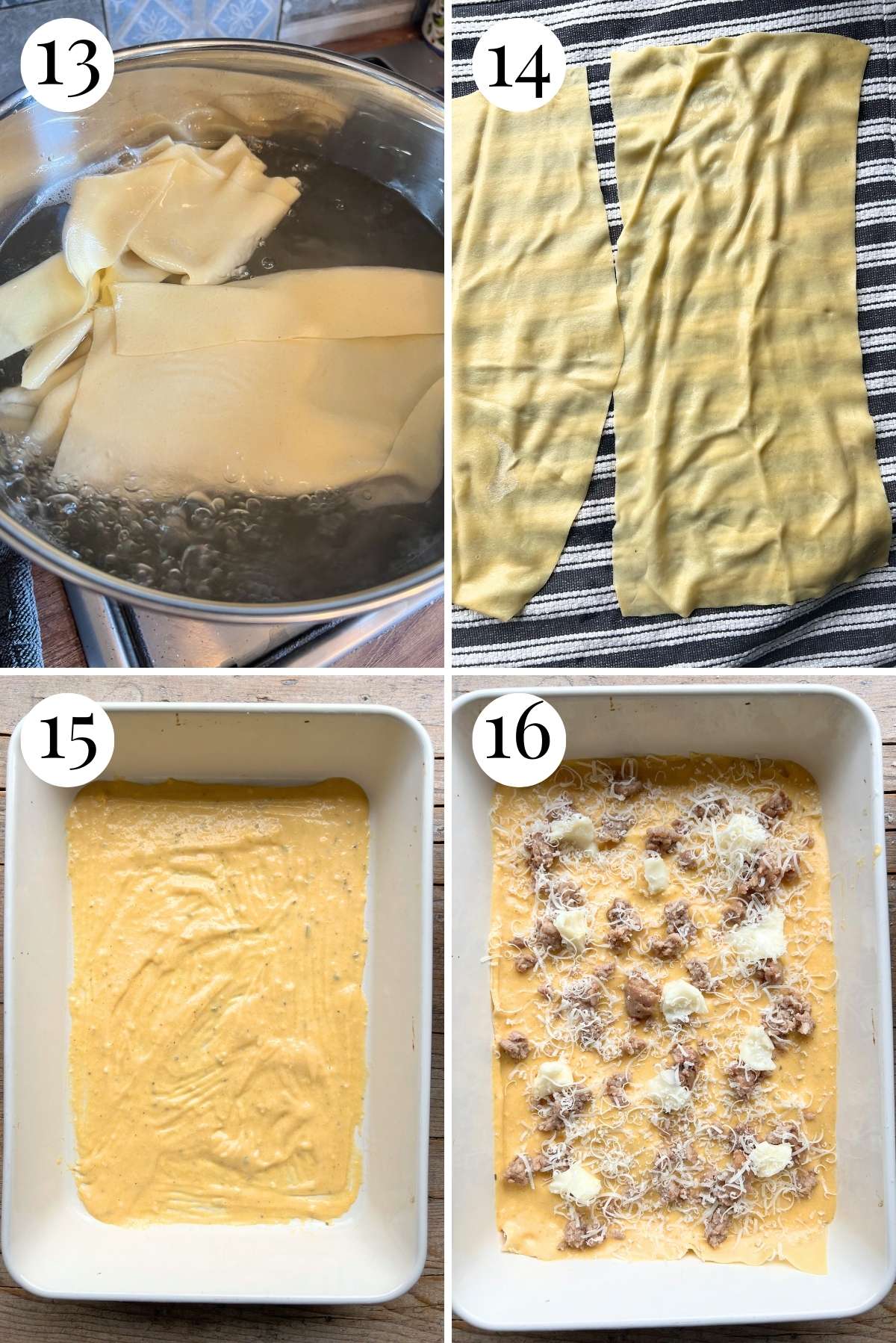 Four photos in a collage showing how to blanch fresh pasta and layer a butternut squash lasagna.