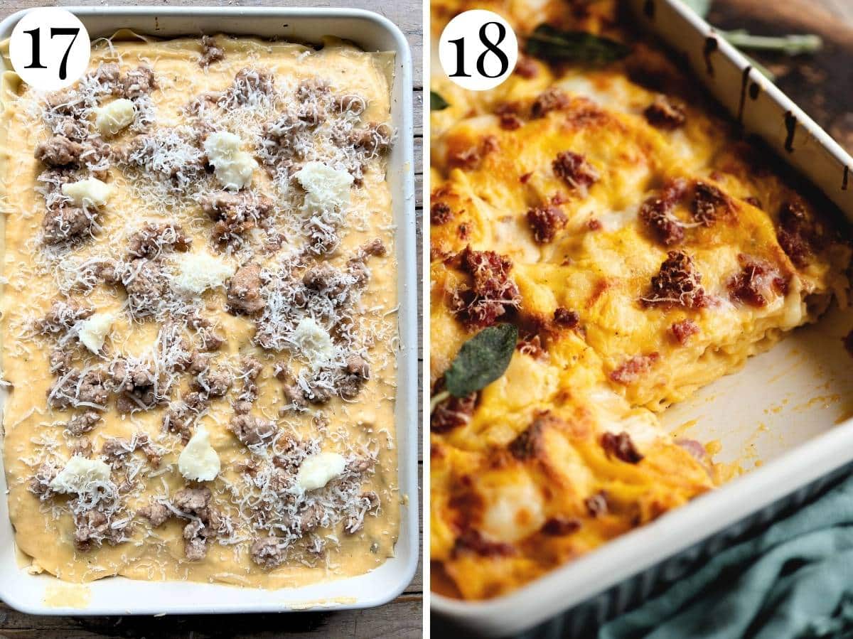 Two photos showing before and after baking a butternut squash lasagna.