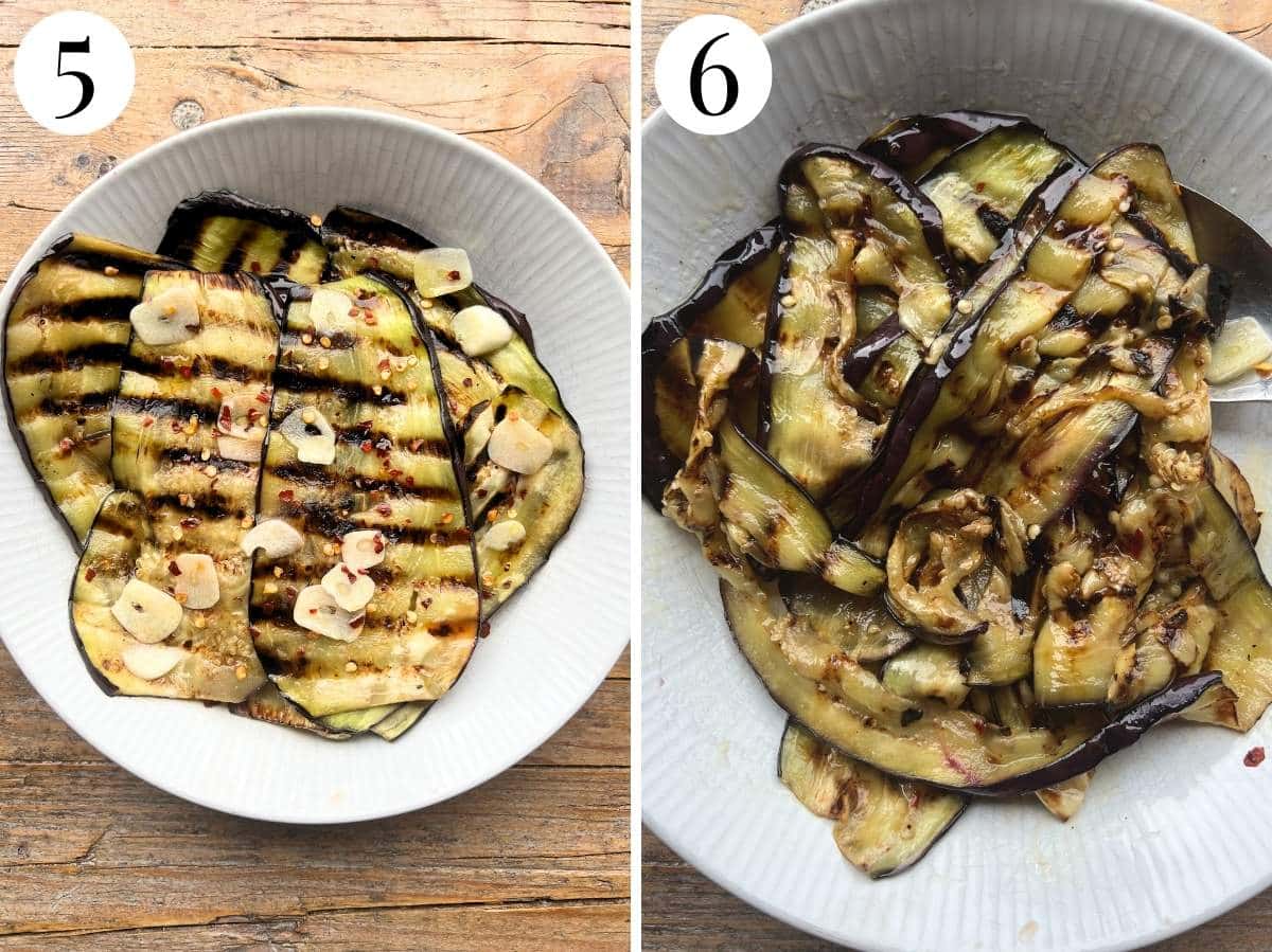 Two photos showing the marinated eggplant in a bowl.