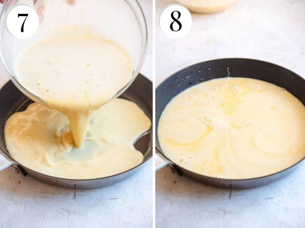 two photos showing chickpea batter getting poured into a skillet/pan.