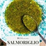 A Pinterest graphic of a green spotted bowl with a Sicilian herb sauce and spoon inside. The text overlay reads: Salmoriglio Sicilian herb sauce - Authentic recipe.