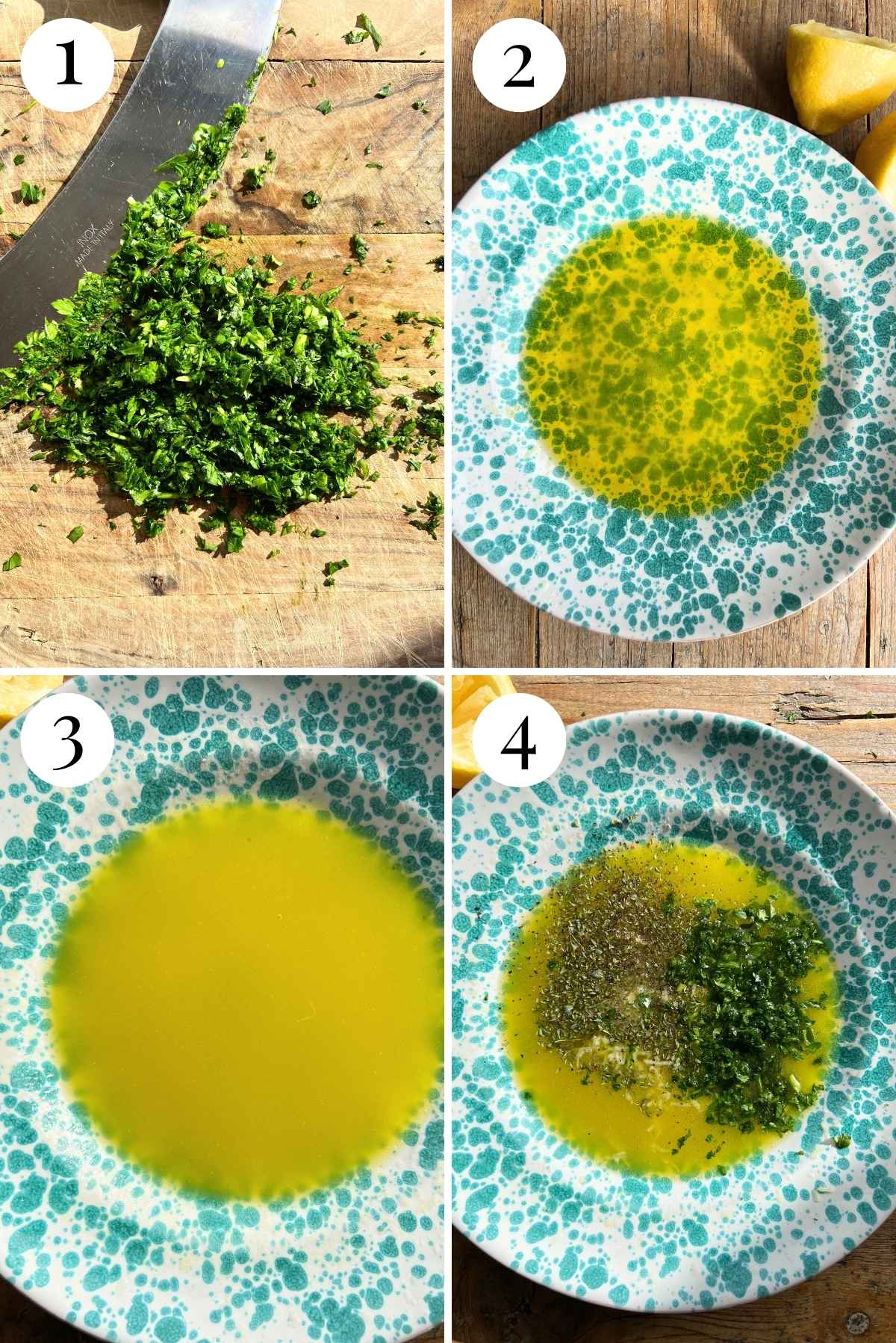 Four photos in a collage showing how to make Salmoriglio sauce.