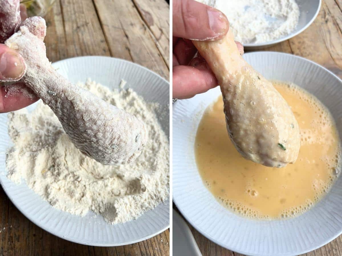 Two photos showing a chicken drumstick dredged in flour and then coated in beaten egg.
