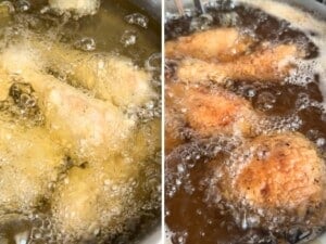 Two photos showing chicken being fried in oil.