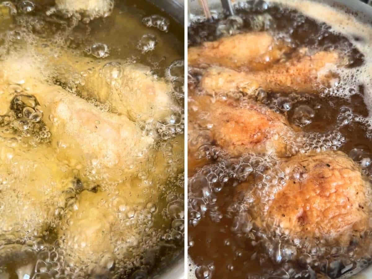 Two photos showing chicken being fried in oil.