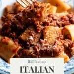 A Pinterest graphic of a fork over a bowl of pasta and hazelnut ragu picking up a bite.