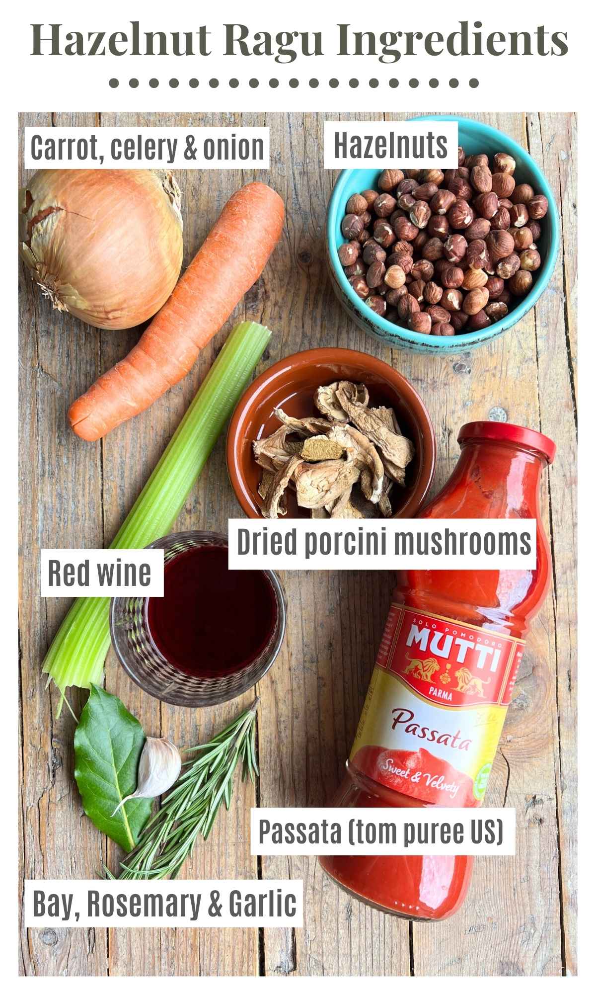 An overhead shot of all the ingredients needed to make a hazelnut ragu. They text labels read: Hazelnuts, carrot, celery & onion, passata (tom puree US), red wine, bay, rosemary & garlic, dried porcini mushrooms.