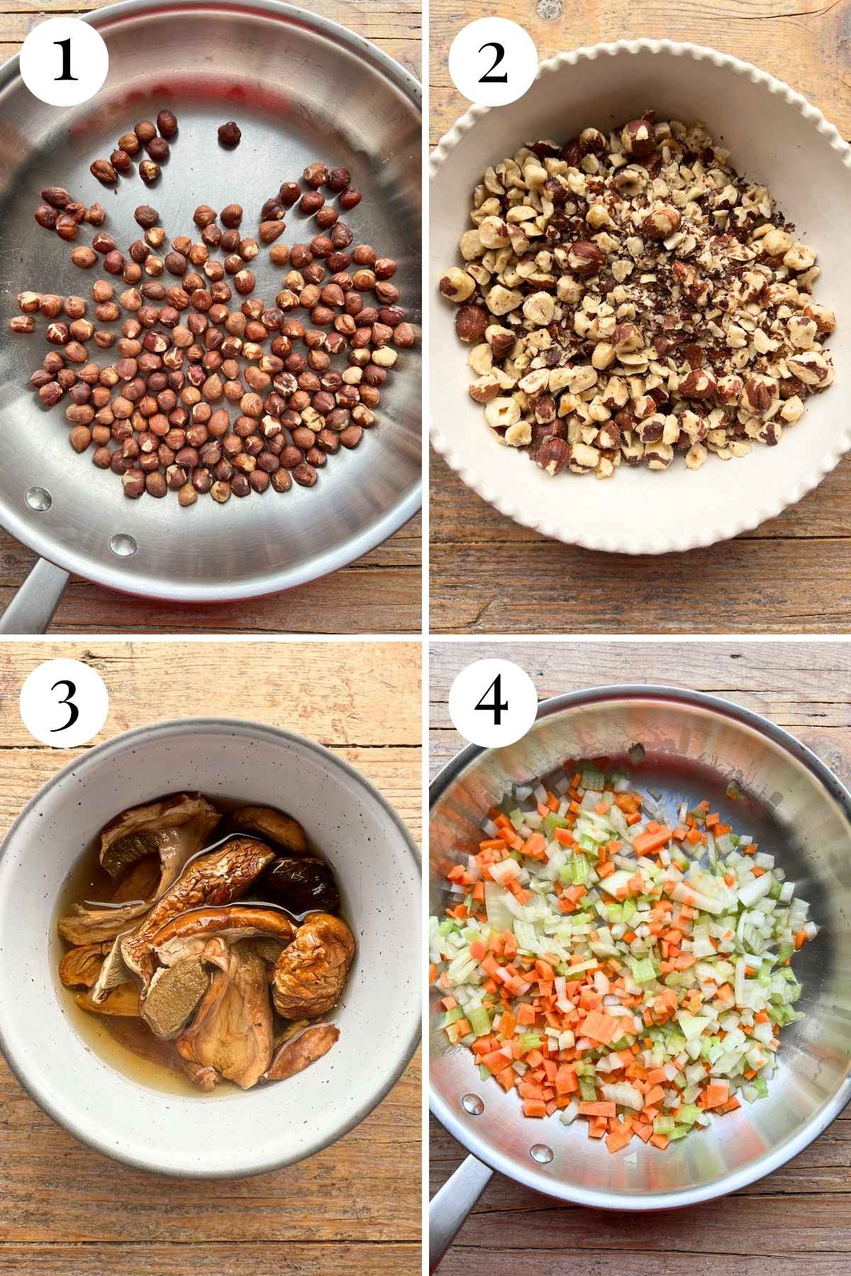 Four photos in a collage showing how to toast hazelnuts, blitz them, soak porcini mushrooms and saute vegetables.