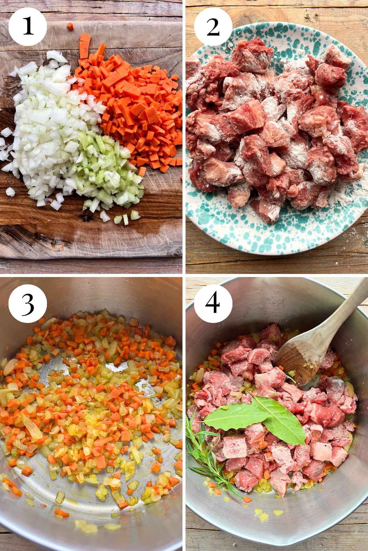 Four photos in a collage showing how to saute vegetables and brown beef.
