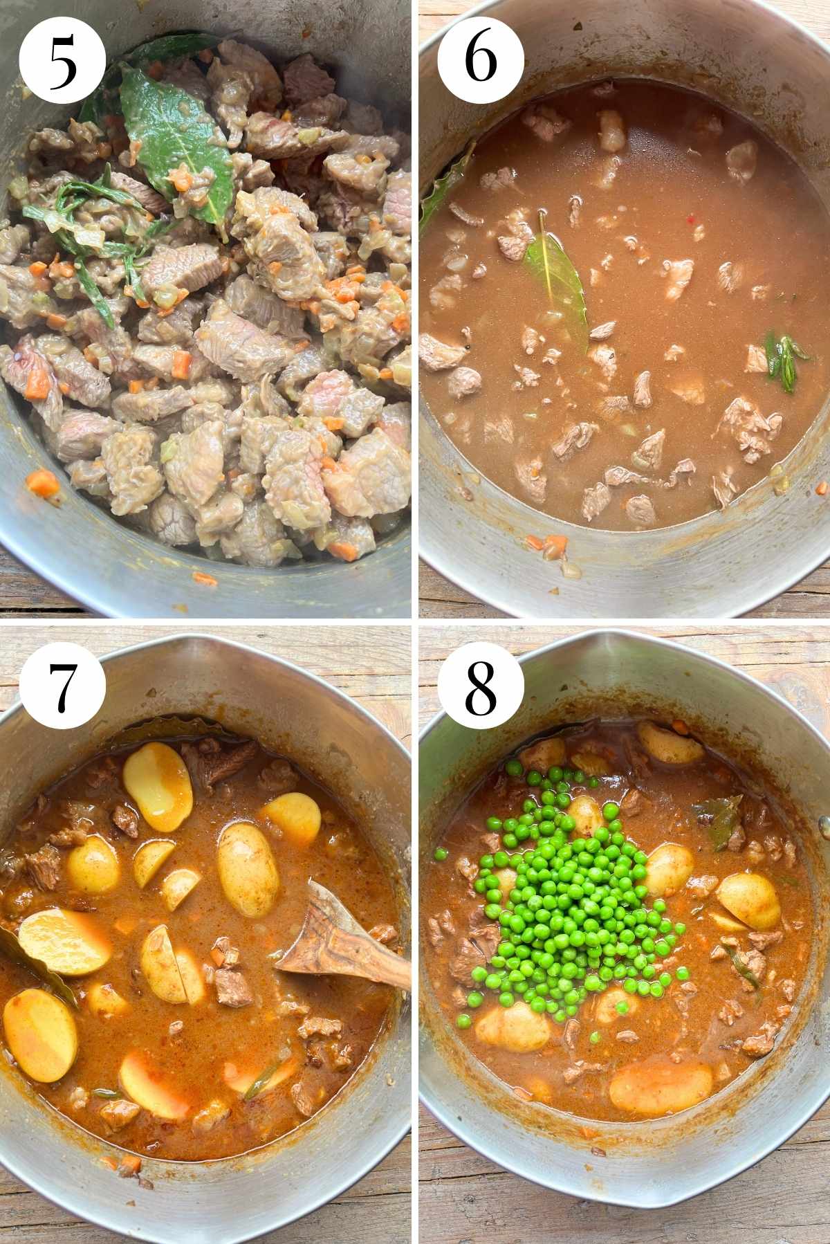 Four photos in a collage showing how to make a beef stew with red wine, stock, potatoes and peas.