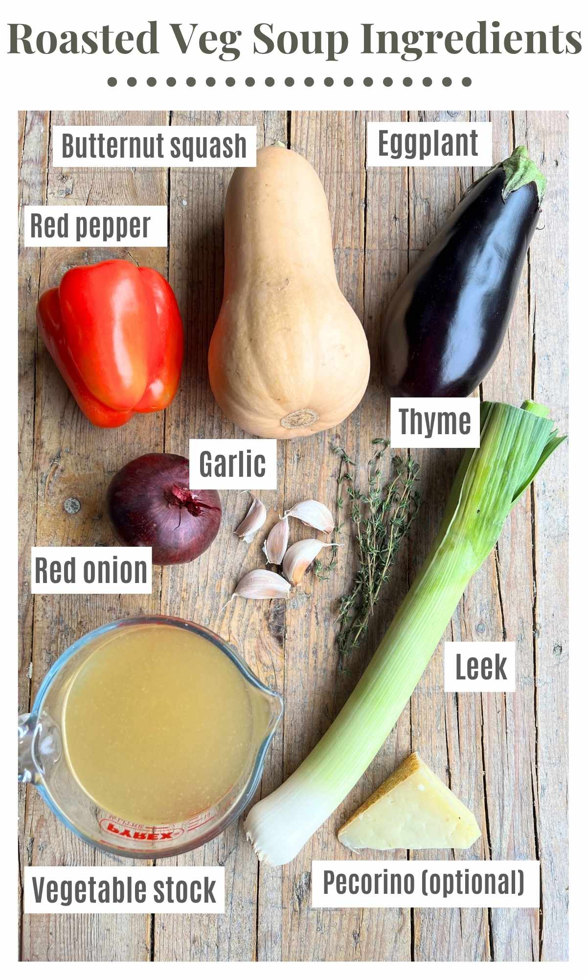 An overhead shot of ingredients needed to make roasted vegetable soup. The text labels read: butternut squash. red pepper, eggplant, garlic, red onion, leek. veg stock. thyme. pecorino (optional).