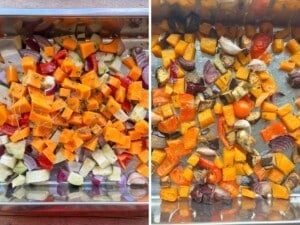 Two photos in a collage showing vegetables before and after roasting.
