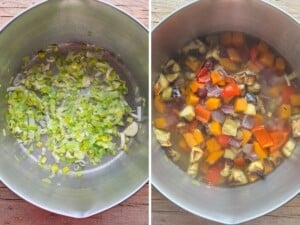 Two photos in a collage showing a sauteed chopped leek and roasted veg and stock in a pot.