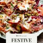 A Pinterest graphic showing a blood orange salad with prosciutto and pecorino on a green platter.