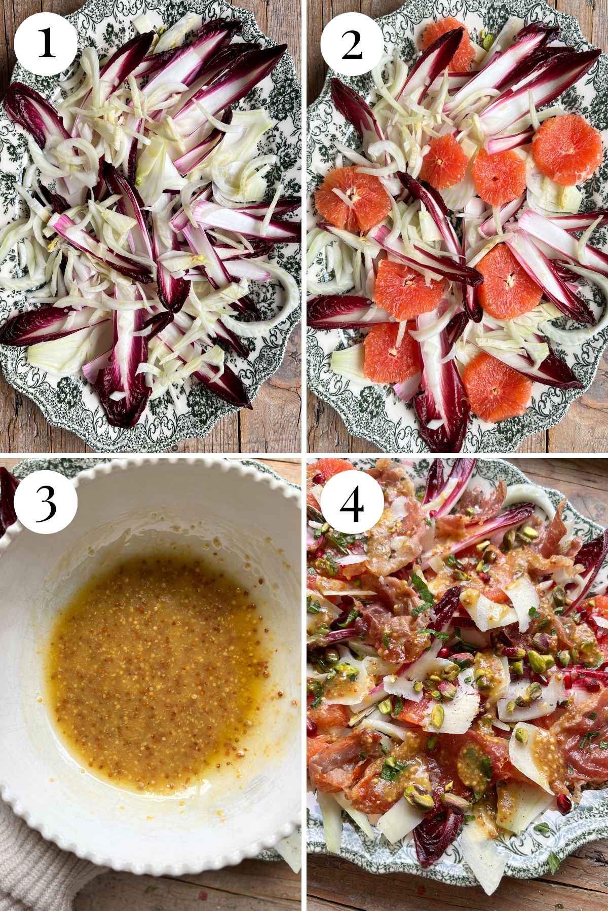 Four photos in a collage showing the different stages for building a festive blood orange salad with fennel and prosciutto.