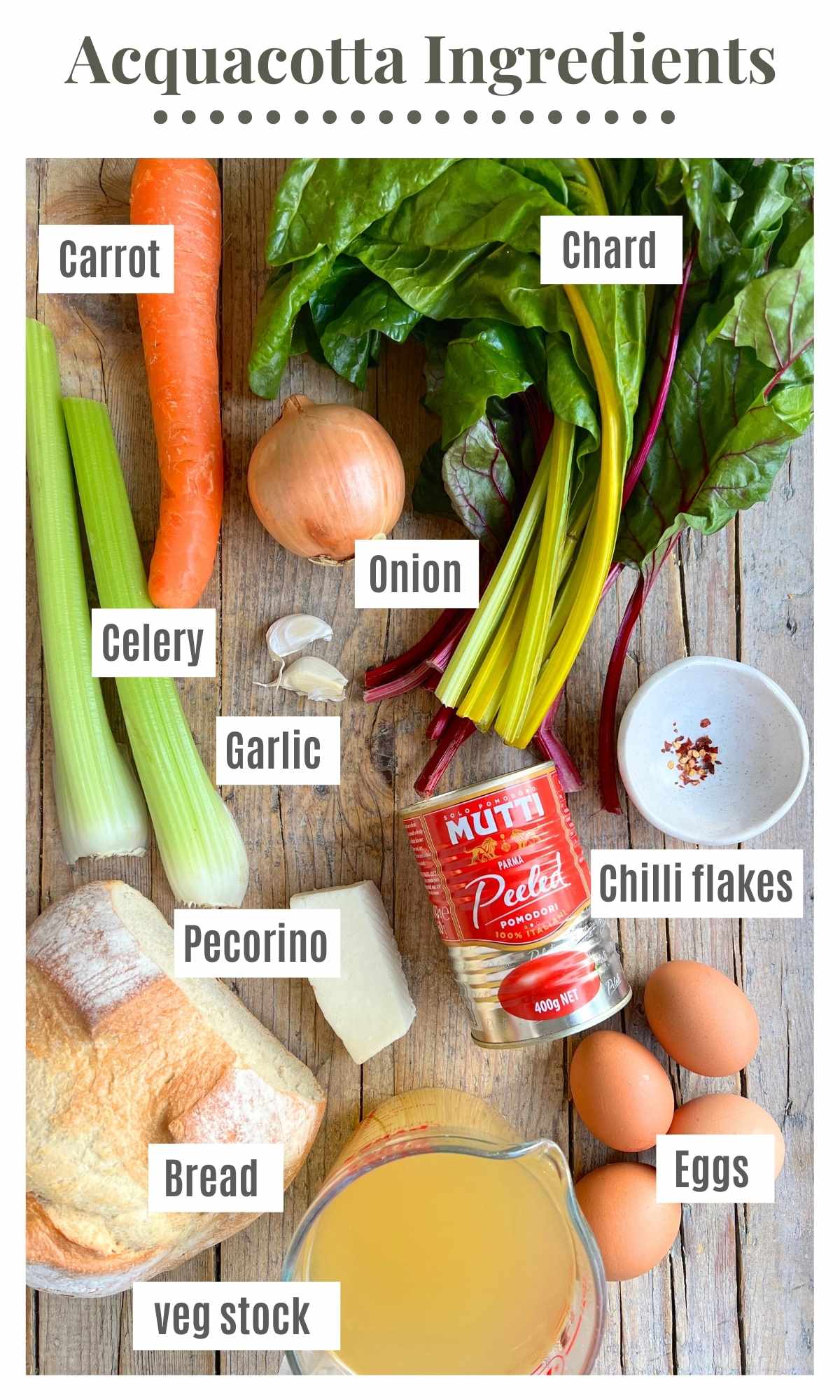 An overhead shot of all the ingredients needed to make a Tuscan Acquacotta soup.