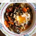A pinterest graphic of a Tuscan soup topped with a poached egg in a bowl.