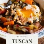 A pinterest graphic of acquacotta in a bowl topped with a poached egg.