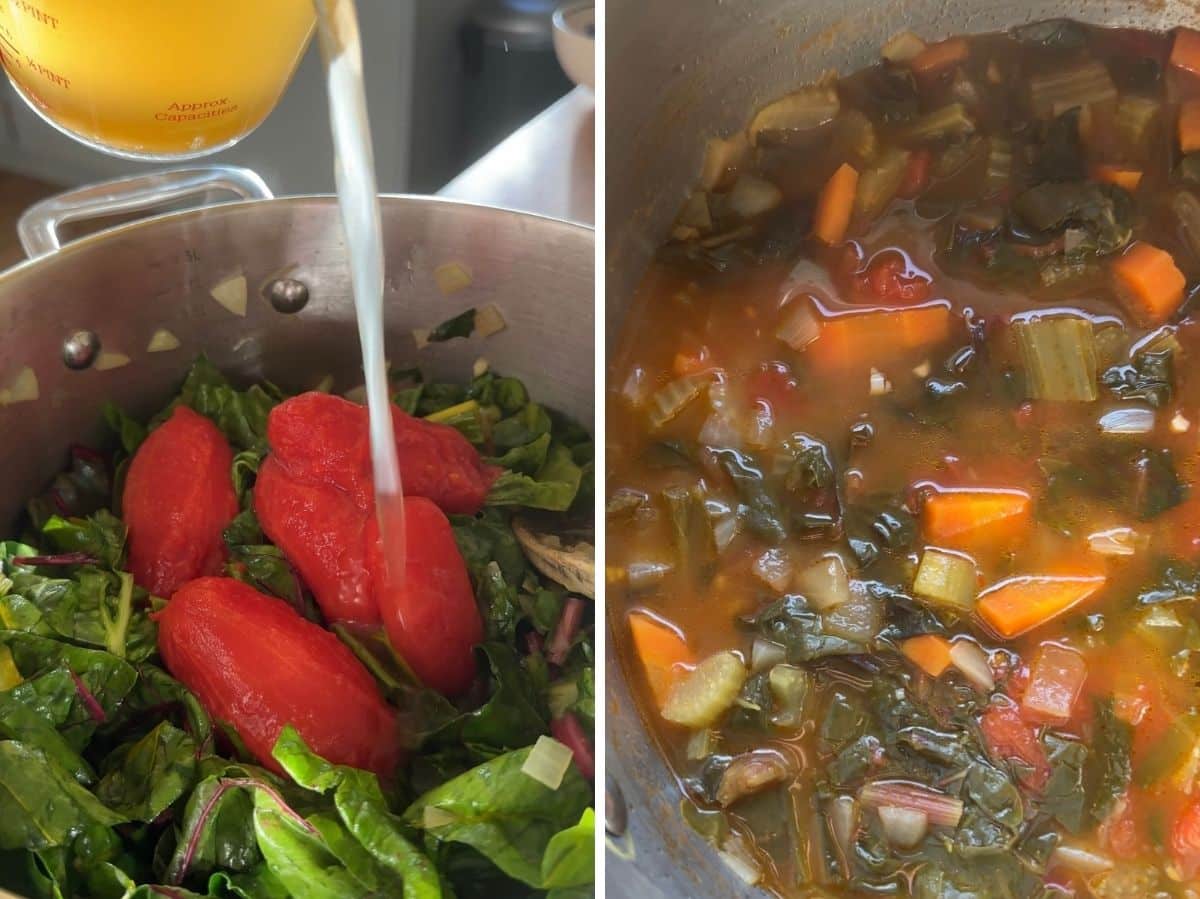 Two photos in a collage showing chard, tomatoes and stock added to a pot and how it looks after cooking.