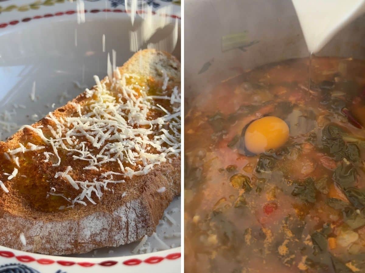 Two photos in a collage showing adding grated cheese to toasted bread in a bowl and poaching an egg in soup.