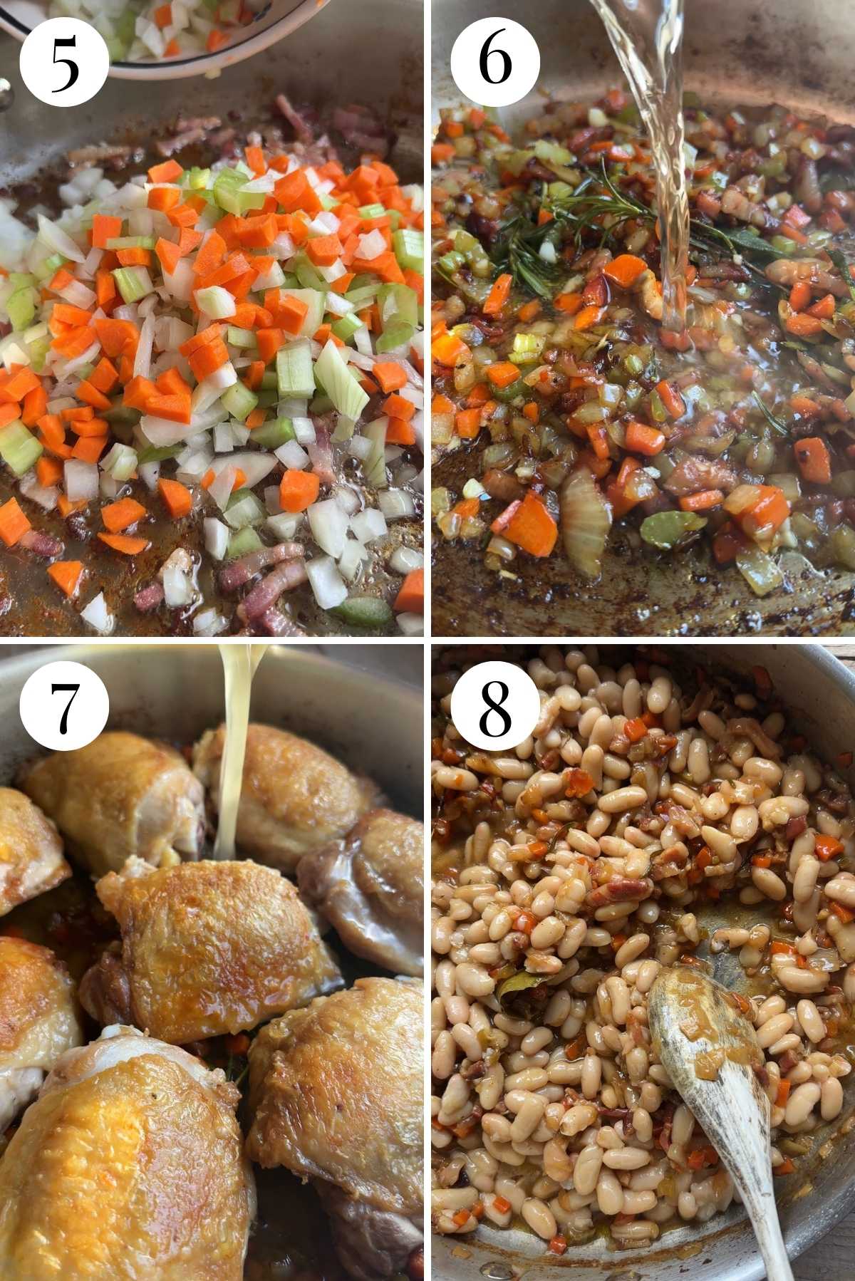 Four photos in a collage showing how to braise chicken and vegetables in stock with beans.