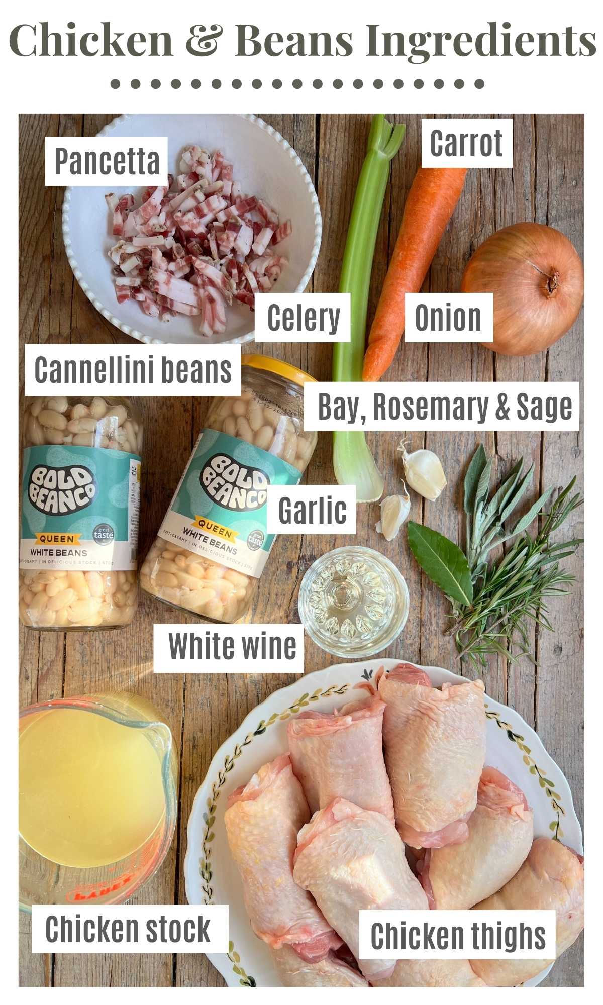 An overhead shot of all the ingredients needed to make Italian braised chicken thighs and beans.