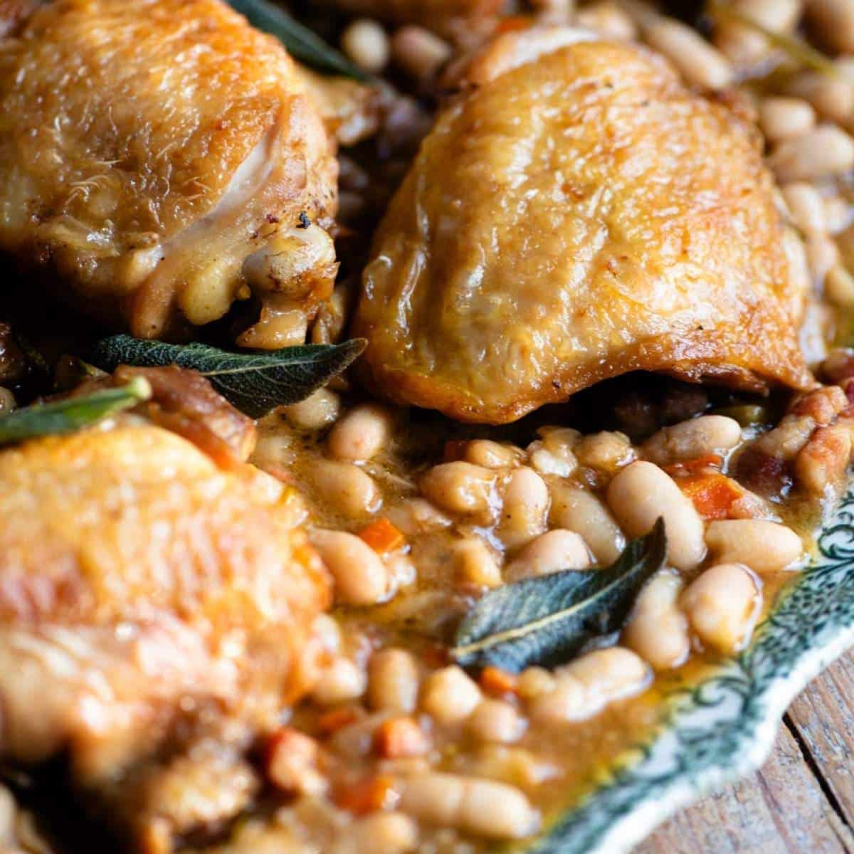 Braised Chicken Thighs with Pancetta, Sage and Beans