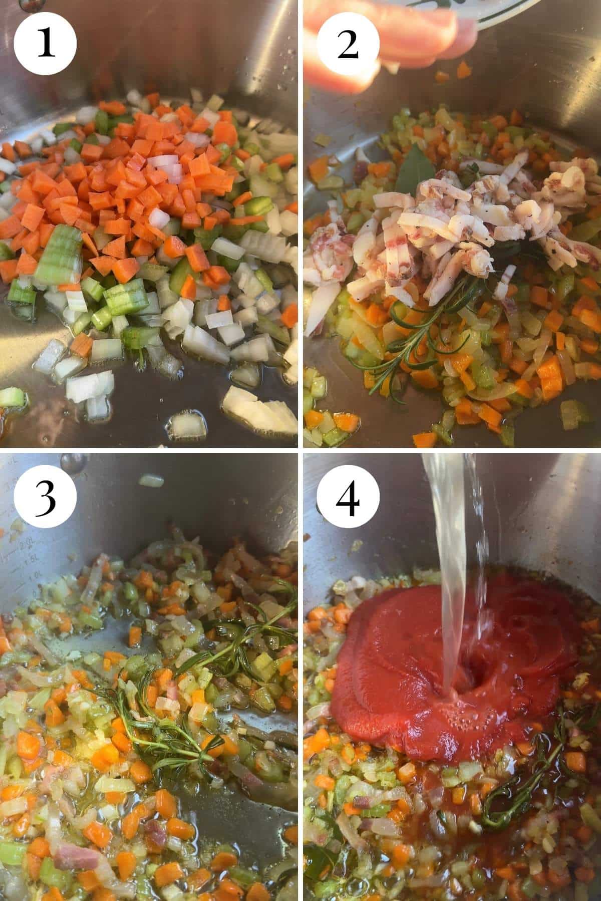 Four photos in a collage showing how to saute soffritto, pancetta and herbs.
