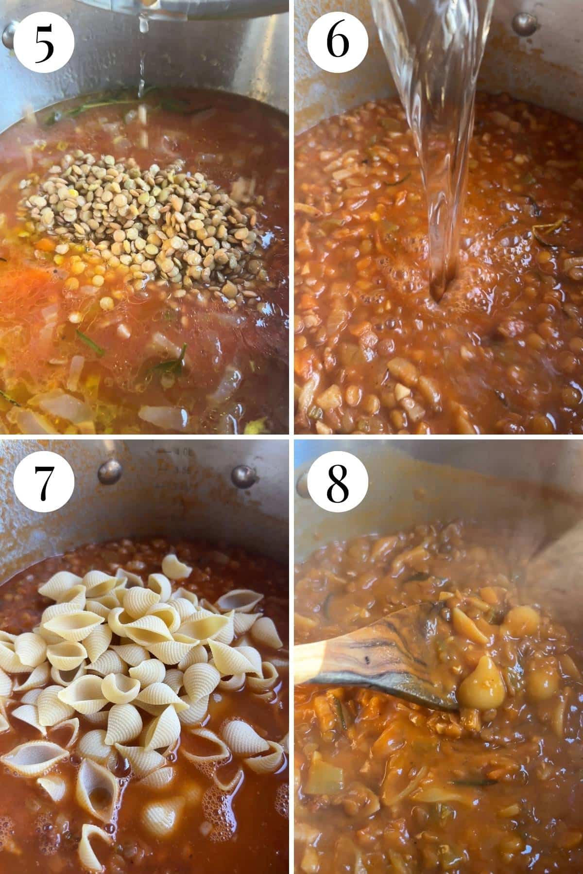 Four photos in a collage showing how to add tomato, stock, lentils and pasta.