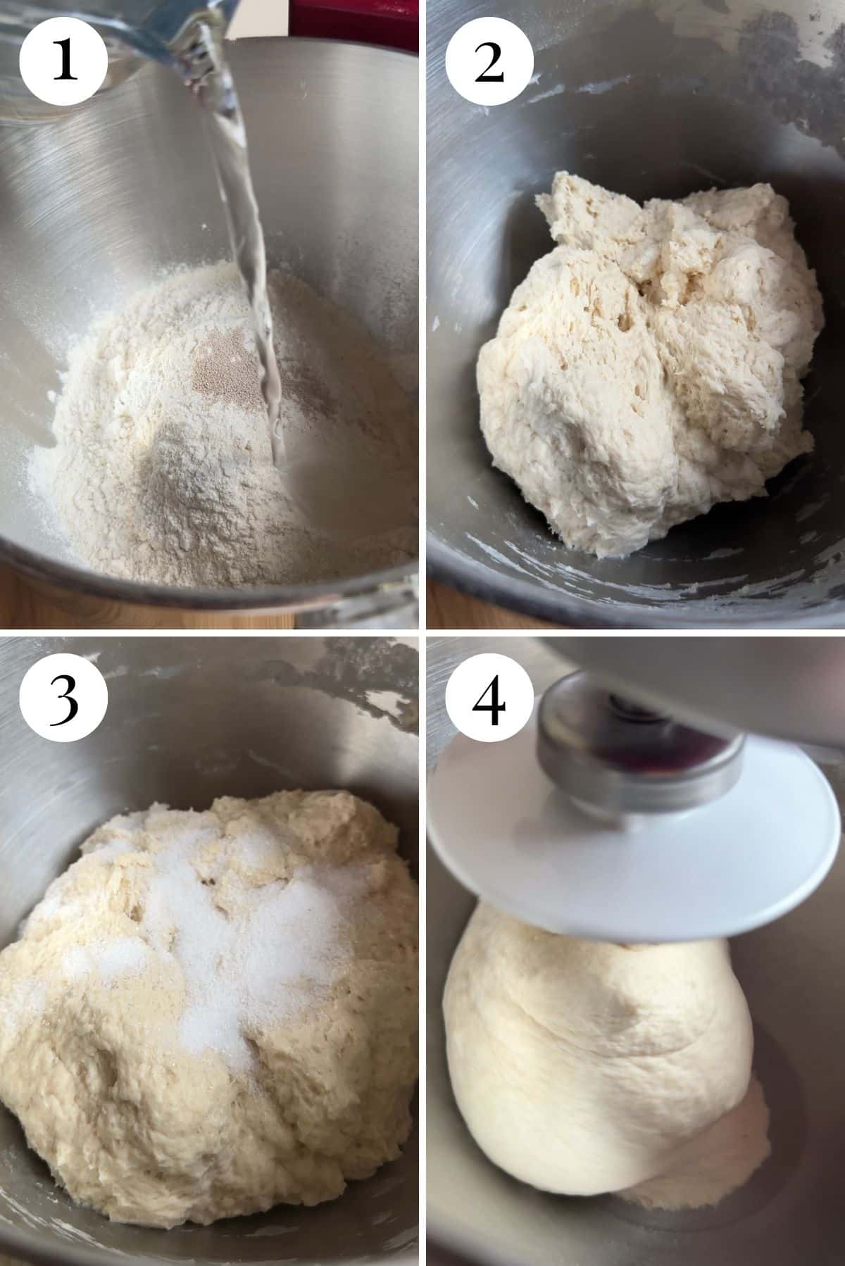 Four photos in a collage showing how to make pizza dough in a stand mixer.