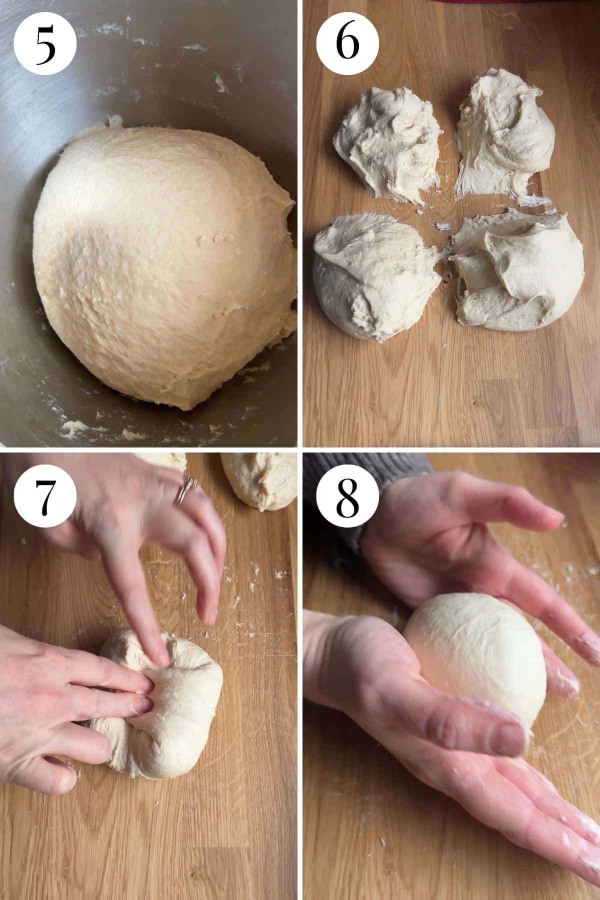 Four photos in a collage showing how to shape dough into balls.