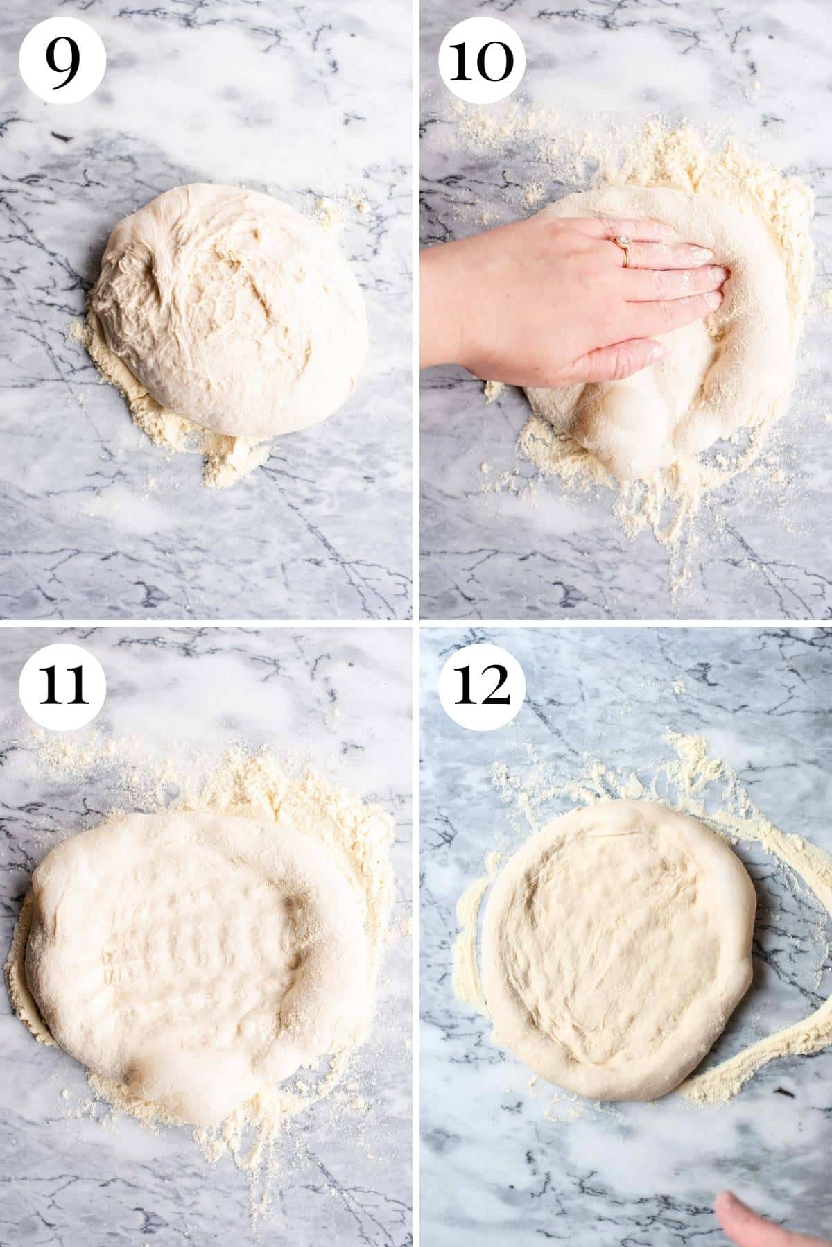 Four photos in a collage showing how to shape a pizza base.