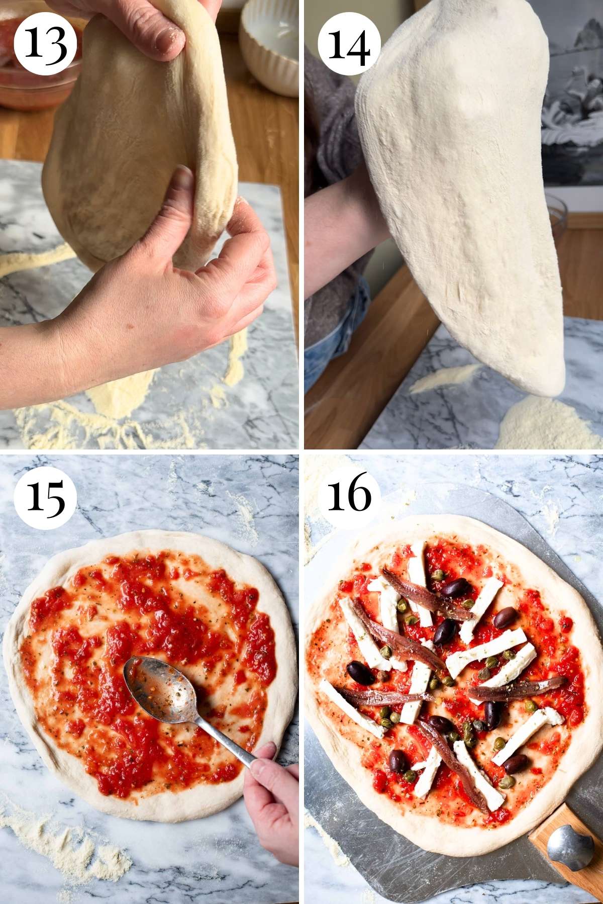 Four photos in a collage showing how to stretch a pizza base further and add toppings.