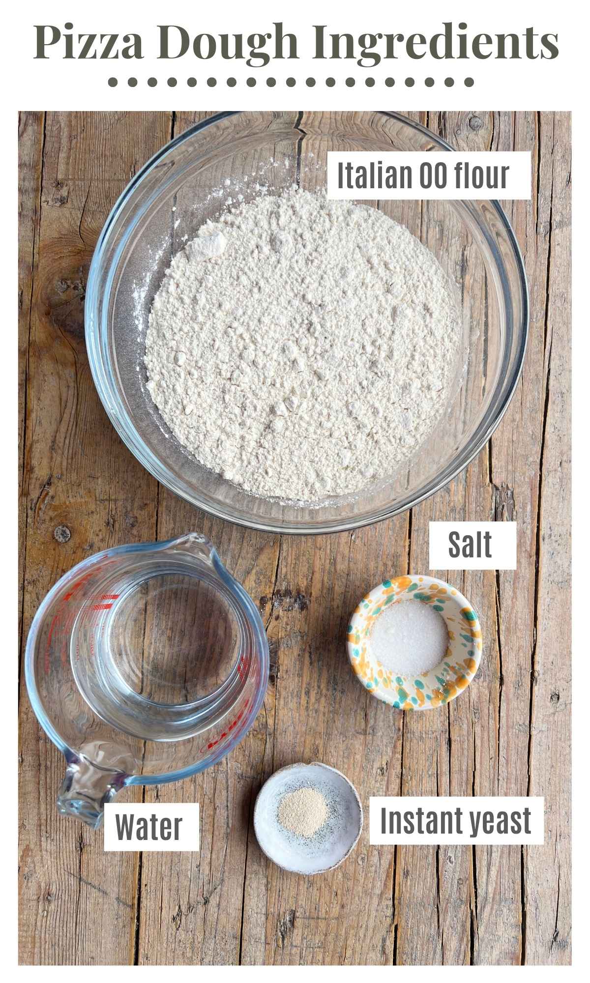 All the ingredients needed to make pizza dough laying in bowls on a rustic wooden surface.