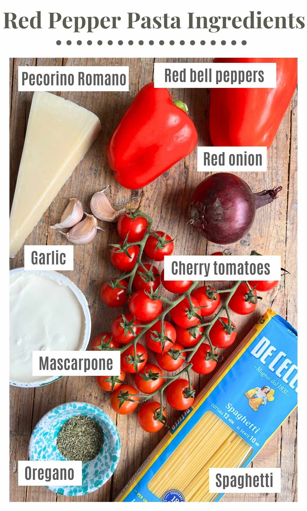 All the ingredients to make creamy roasted red pepper pasta laying on a wooden surface.