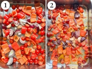 Two photos showing before and after of roasted red peppers, tomatoes and onions in a tray.