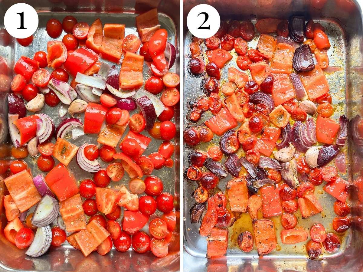 Two photos showing before and after of roasted red peppers, tomatoes and onions in a tray.