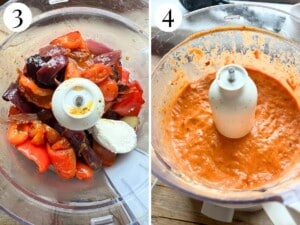 Two photos showing the before and after of blitzing a roasted red pepper cream sauce in a food processor.
