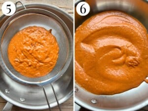 Two photos showing the before and after of passing the roasted red pepper sauce through a sauce for a smooth consistency.