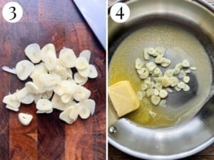 Two photos in a collage showing finely sliced garlic and garlic and butter in a pan.