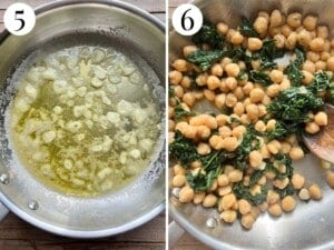 Two photos in a collage showing soft, cooked garlic without any browning and chickpeas and kale being added.