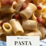 A pinterest graphic for pasta alla gricia showing a close up of cheesy pasta and guanciale.