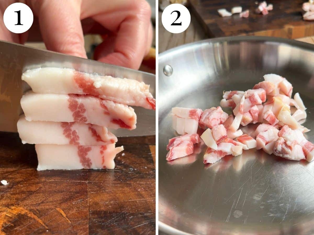 Two photos in a collage showing how to cut guanciale and put it in a pan.