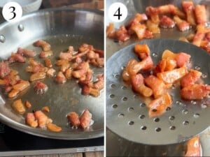Two photos showing crispy guanciale in a pan and removing it with a slotted spoon.