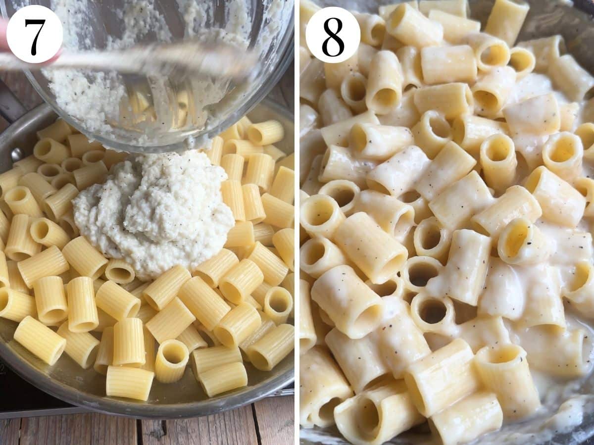 Two photos in a collage showing how to add pecorino cheese paste to pasta and stir it in.