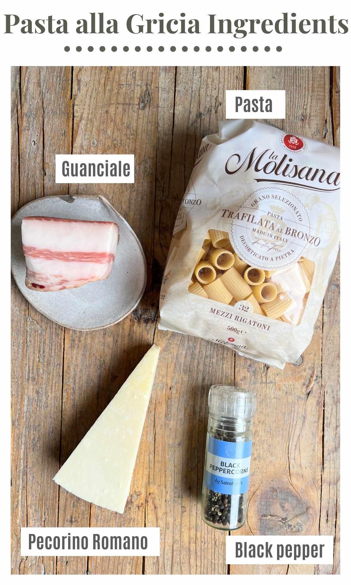 A packet of pasta, guanciale, pecorino romano and black pepper sitting on a wooden surface.
