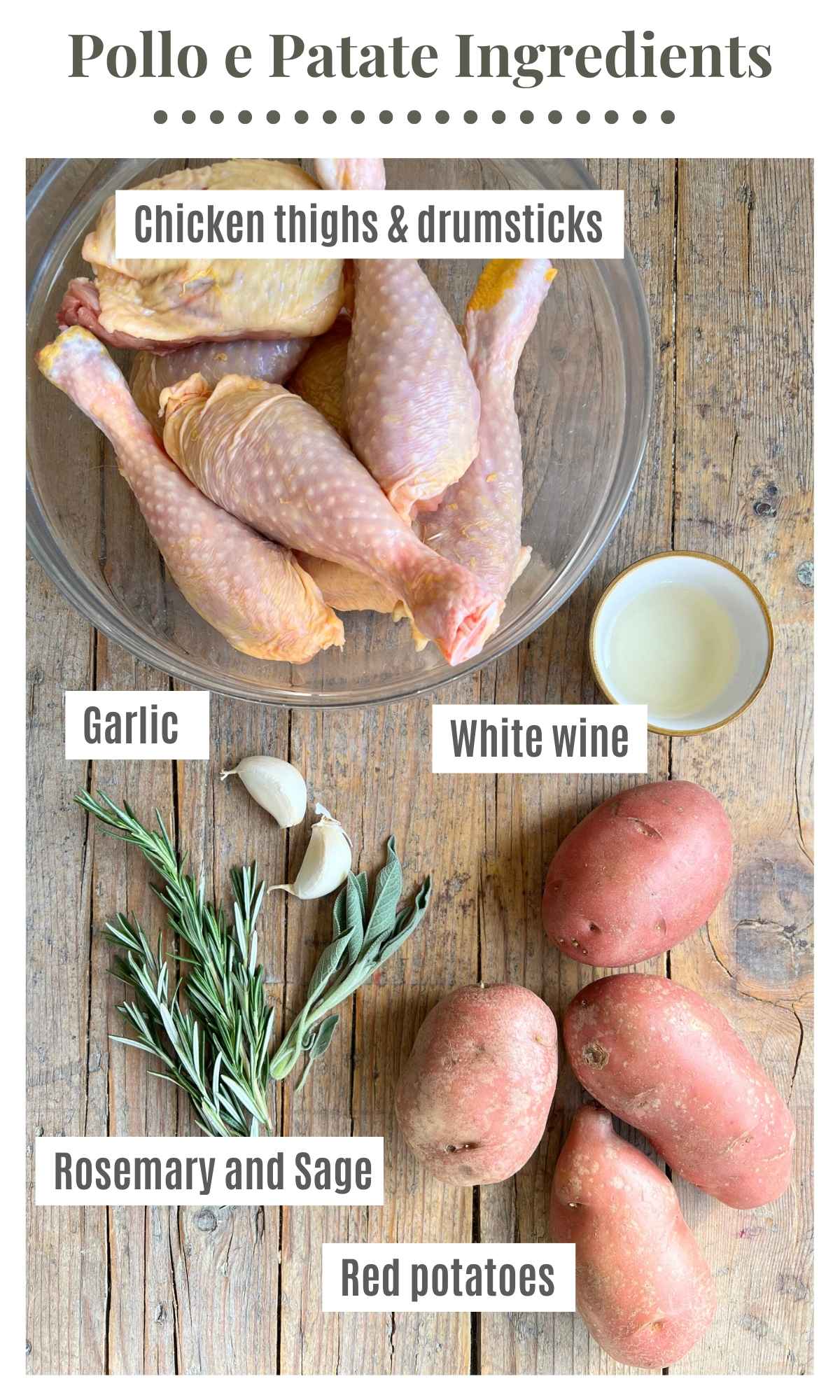 All the ingredients needed to make Italian chicken and potatoes on a wooden surface. The tex overlay reads: Chicken thighs and drumsticks, white wine, rosemary and sage, garlic and red potatoes.