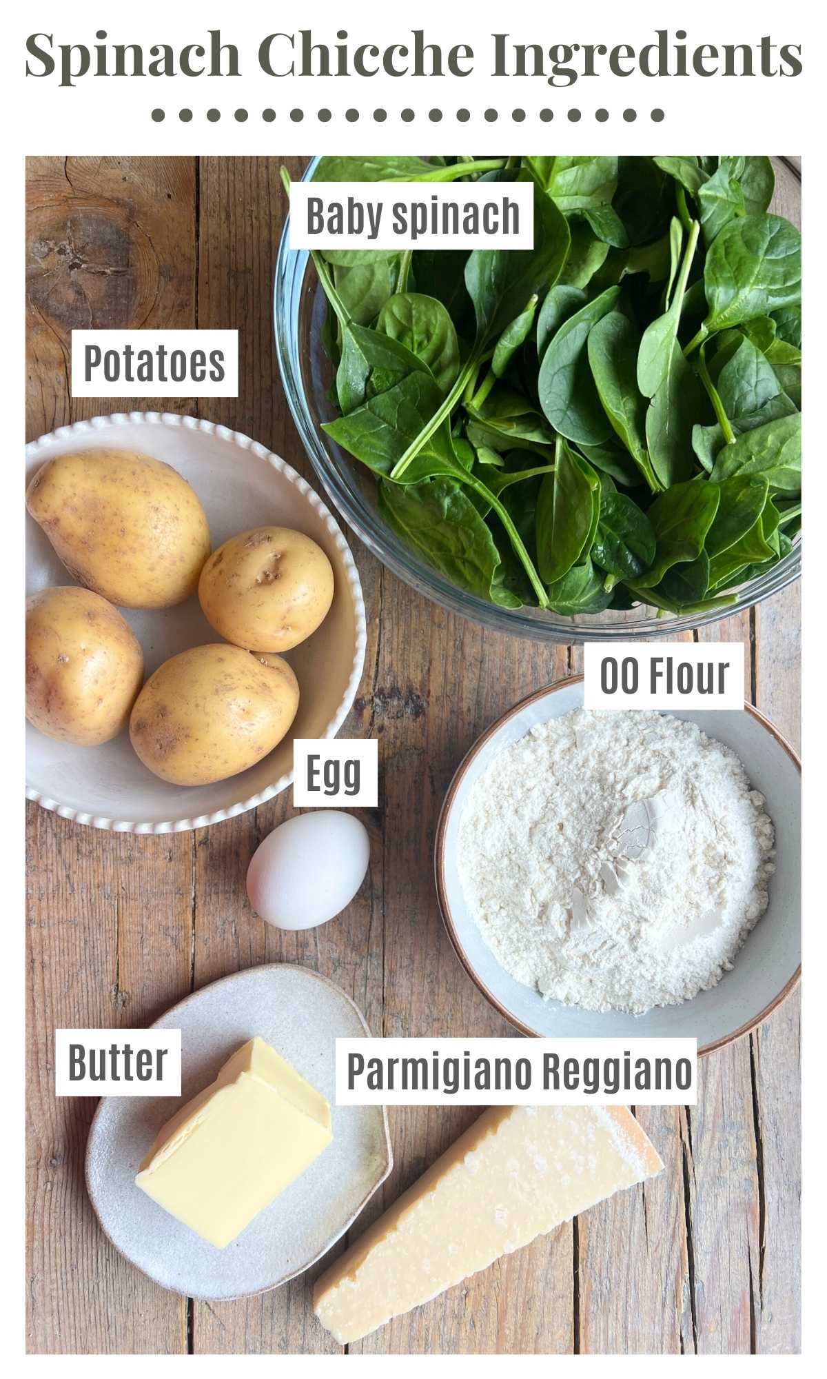 An overhead shot of all the ingredients needed to make mini spinach gnocchi (chicche) with a parmigiano butter sauce.