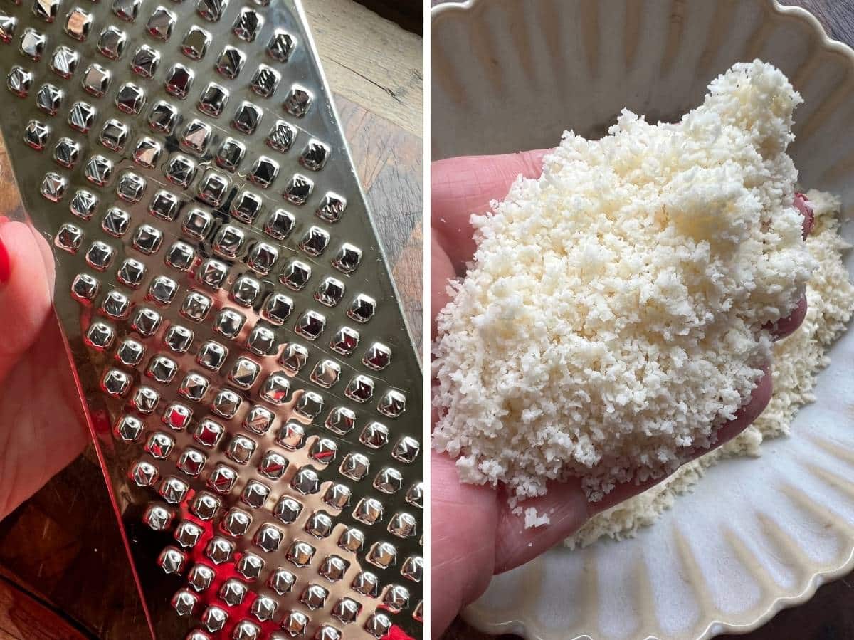 Two photos showing what side of a grater to use to finely grate Parmigiano cheese.